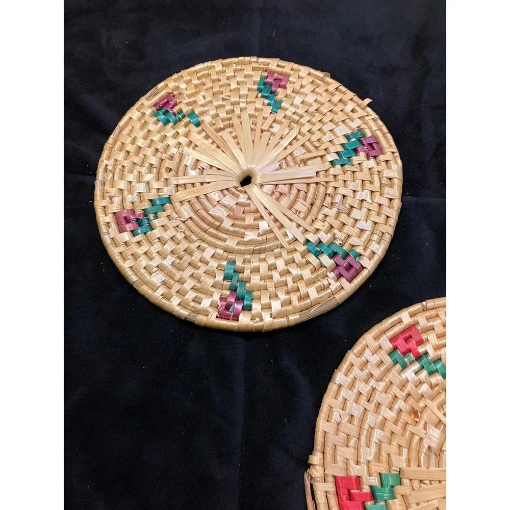 Woven Straw Trivet Set Tan Pink Green Floral Boho 3pc